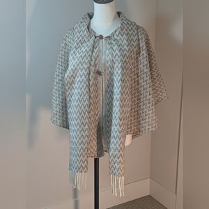 Poncho Shawl Cape 100% Wool Handmade with Fringe Elegant On Trend Chevron Tan